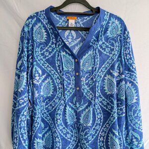 RUBY RD POLYNESIAN BALI 3/4 SLEEVE TOP, BLUE  SIZE XL  $18.00